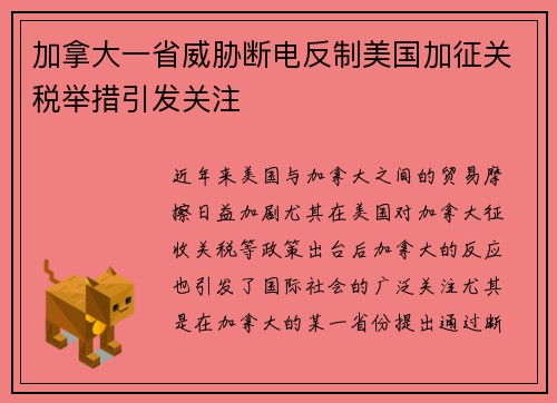 加拿大一省威胁断电反制美国加征关税举措引发关注