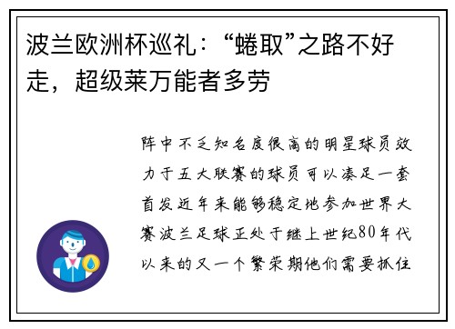 波兰欧洲杯巡礼：“蜷取”之路不好走，超级莱万能者多劳