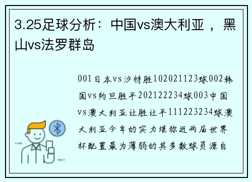 3.25足球分析：中国vs澳大利亚 ，黑山vs法罗群岛