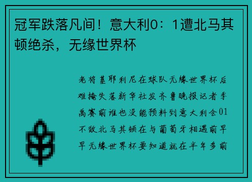 冠军跌落凡间！意大利0：1遭北马其顿绝杀，无缘世界杯