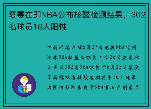 复赛在即NBA公布核酸检测结果，302名球员16人阳性