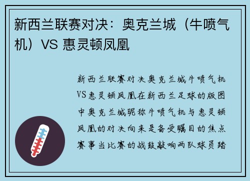 新西兰联赛对决：奥克兰城（牛喷气机）VS 惠灵顿凤凰